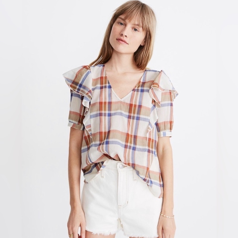 Madewell ruffle plaid lightweight blouse size small - Picture 2 of 7